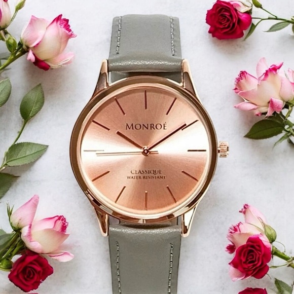 Monroé Accessories - Monroé | Rose Gold Classique Watch in Sunburst Solérose Leather Gray Band Women